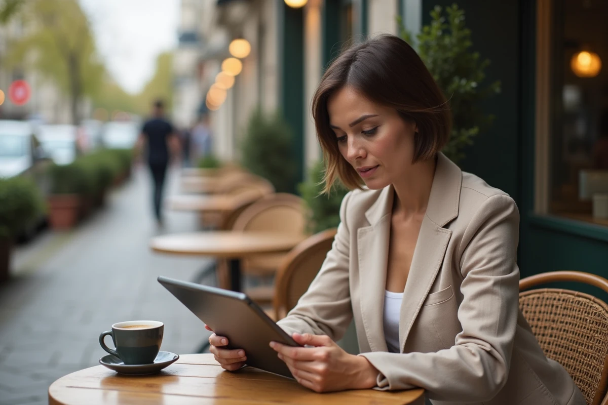 Femme consultant des inspirations de coupe de cheveux sur une tablette en terrasse de café parisien