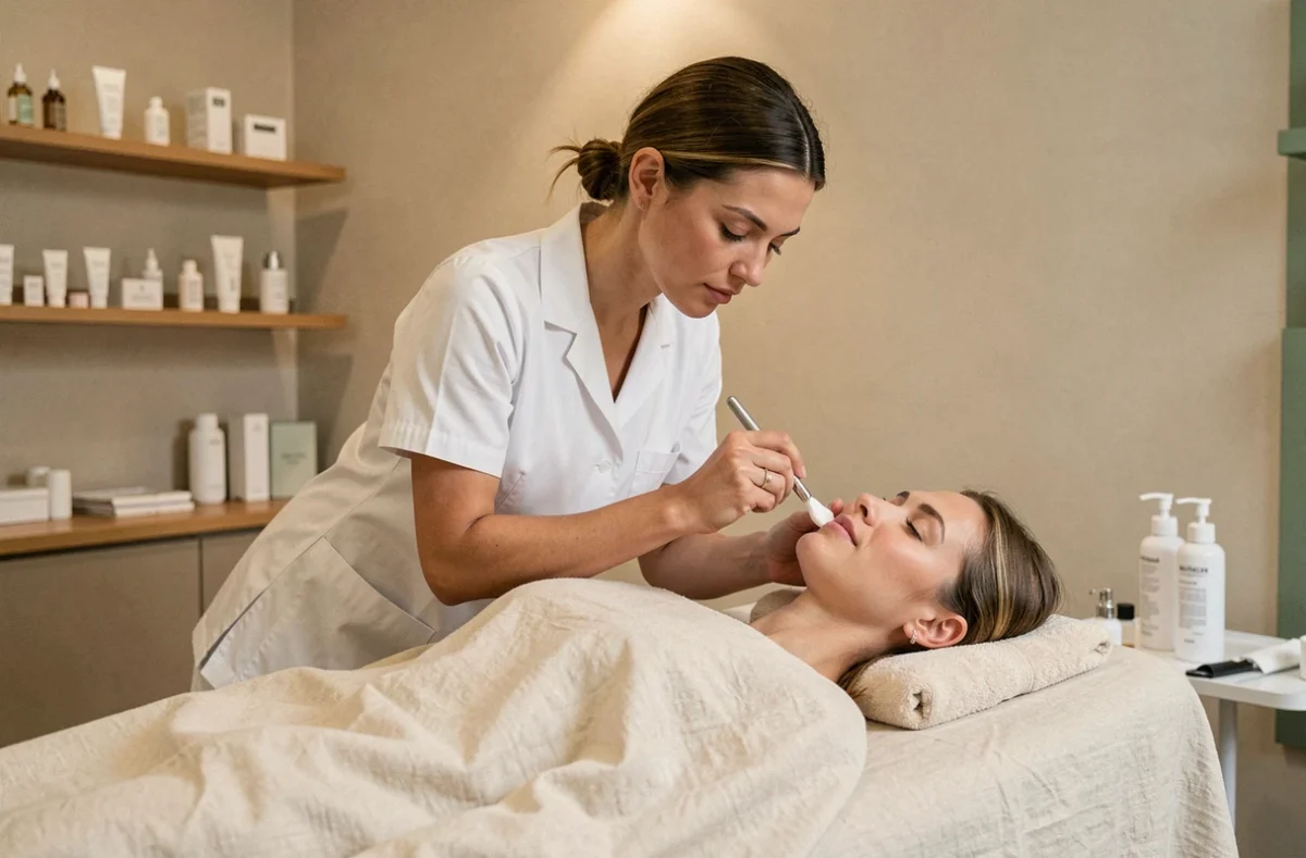 Esthéticienne professionnelle réalisant un soin du visage dans un institut de beauté moderne du Pas-de-Calais