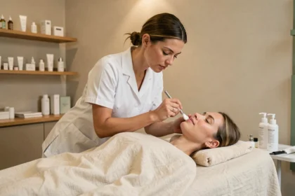 Esthéticienne professionnelle réalisant un soin du visage dans un institut de beauté moderne du Pas-de-Calais