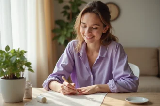 Jeune femme appliquant de la porcelaine sur ses ongles
