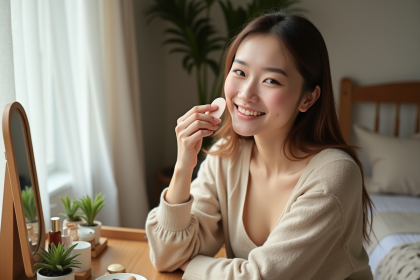 Jeune femme appliquant fond de teint dans sa chambre lumineuse