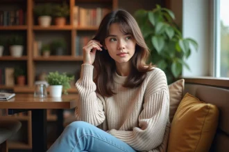 Jeune femme dans un café cosy assise sur un banc
