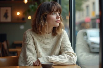 Jeune femme élégante regardant par la fenêtre d'un café