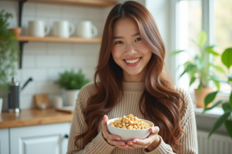 Jeune femme aux cheveux longs brillants souriante dans une cuisine lumineuse