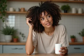Jeune femme appliquant une creme pour boucles dans sa cuisine