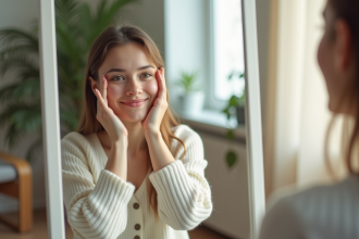 Jeune femme souriante faisant des exercices du visage dans un salon lumineux