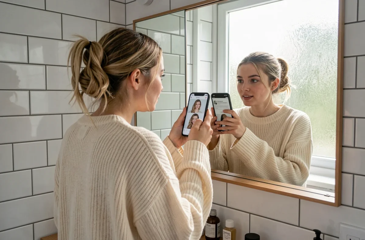 Jeune femme comparant une coupe de cheveux inspirée d'un site beauté devant son miroir de salle de bain