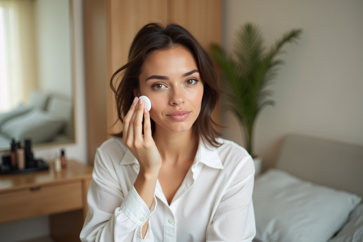 Jeune femme appliquant du fond de teint dans sa chambre