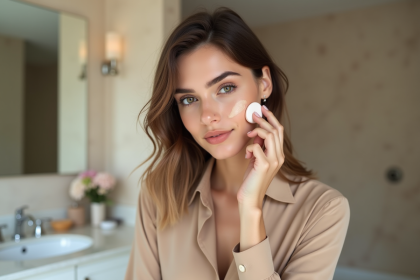 Jeune femme appliquant du fond de teint dans une salle de bain moderne