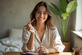 Jeune femme appliquant du blush dans une chambre lumineuse