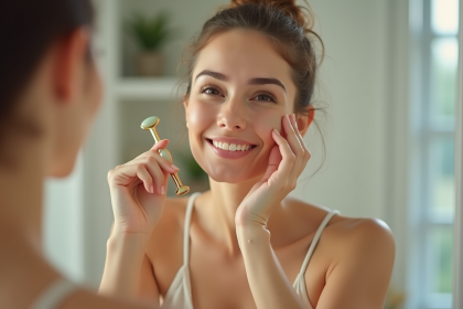 Femme rejuvenee massant son visage avec un rouleau de jade