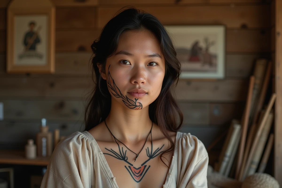 Jeune femme maori dessinant son moko dans un studio