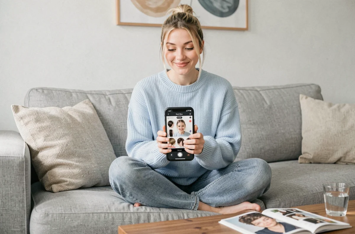 Jeune femme essayant un simulateur de coupe de cheveux sur smartphone confortablement installée dans son salon