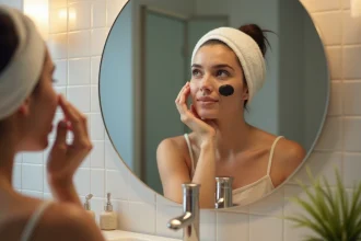 Jeune femme appliquant du savon noir sur le visage dans une salle de bain