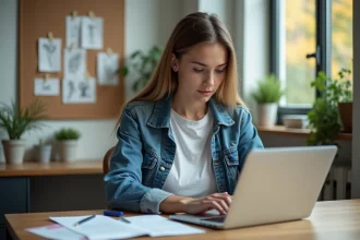 Jeune femme en denim calcule prix tatouage chez elle
