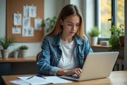 Jeune femme en denim calcule prix tatouage chez elle