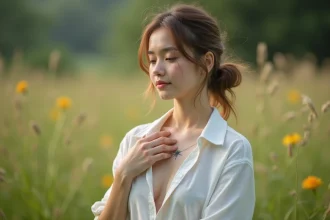 Jeune femme avec tatouage solaire dans un jardin paisible