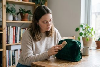 Jeune femme avec sac en velours vert dans une cuisine