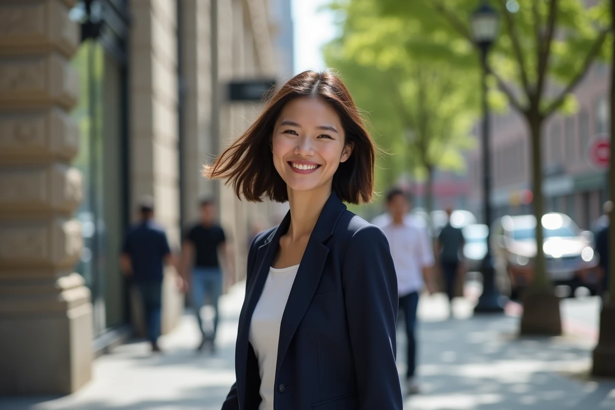 Jeune femme professionnelle avec cheveux volumineux en ville