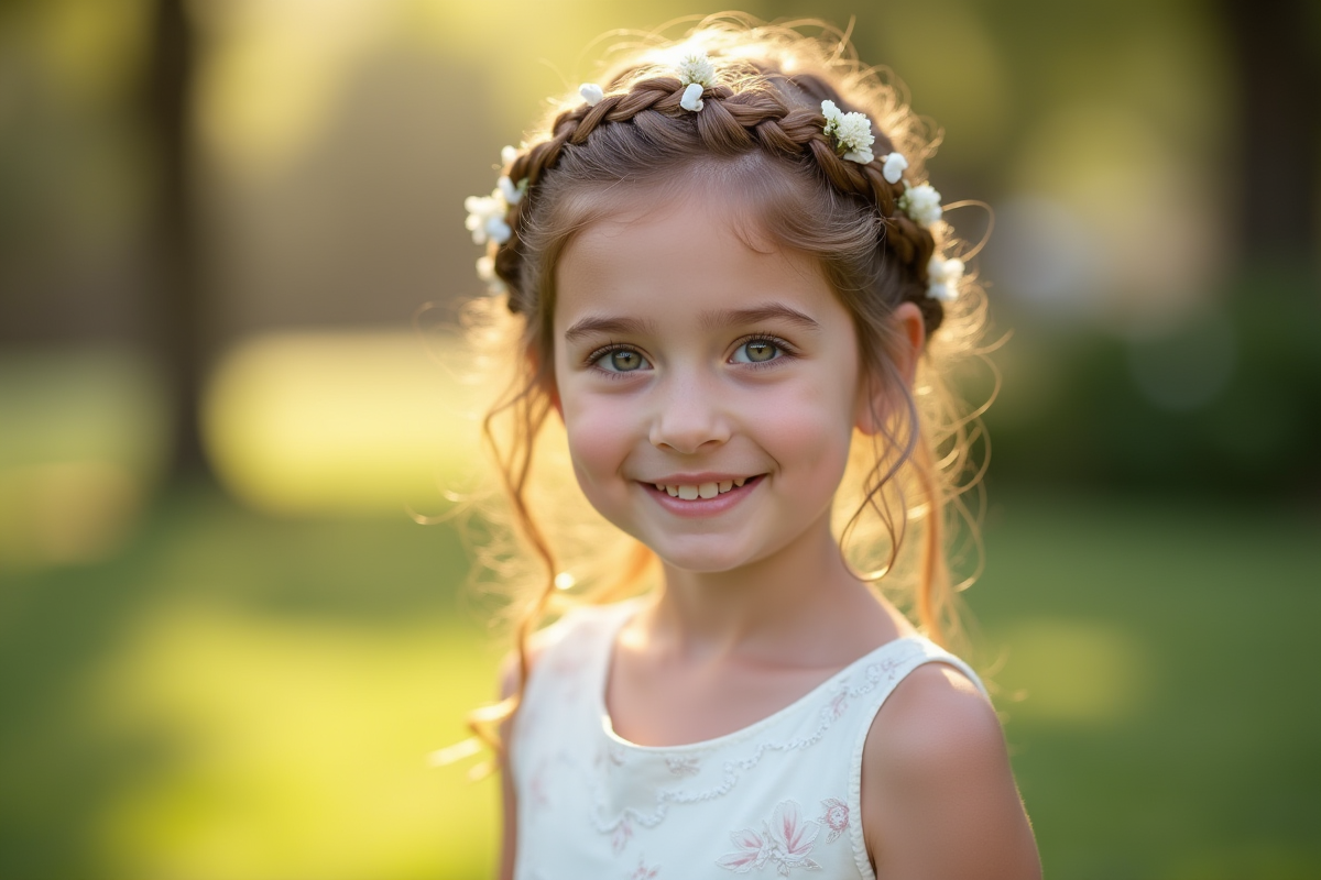 Jeune fille souriante avec couronne tresse et robe blanche