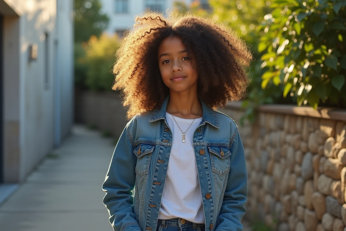 Jeune fille aux cheveux bouclés dans un décor urbain en plein air