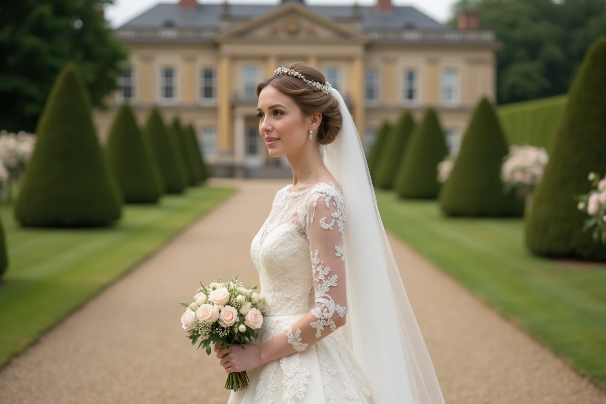 Jeune mariée dans un jardin avec robe brodee et bouquet