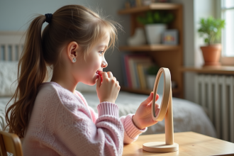 Jeune fille de 12 ans appliquant du baume à lèvres dans sa chambre
