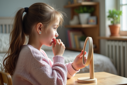 Jeune fille de 12 ans appliquant du baume à lèvres dans sa chambre