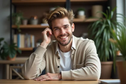 Jeune homme souriant avec streak blonde en intérieur