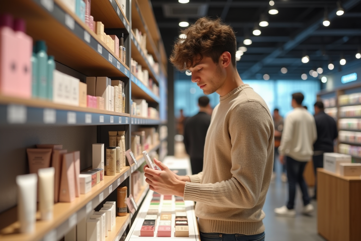 Jeune homme regardant des produits cosmétiques en magasin
