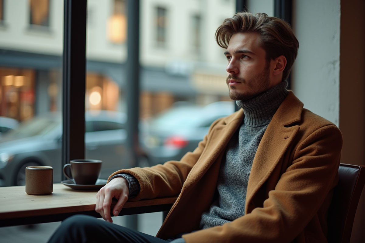 Jeune homme assis dans un café avec vue sur la ville