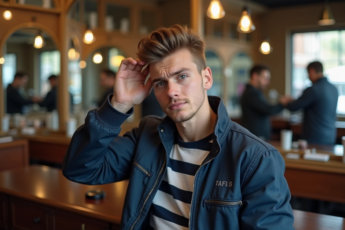 Jeune homme en veste navy faisant une grimace dans barbershop animé