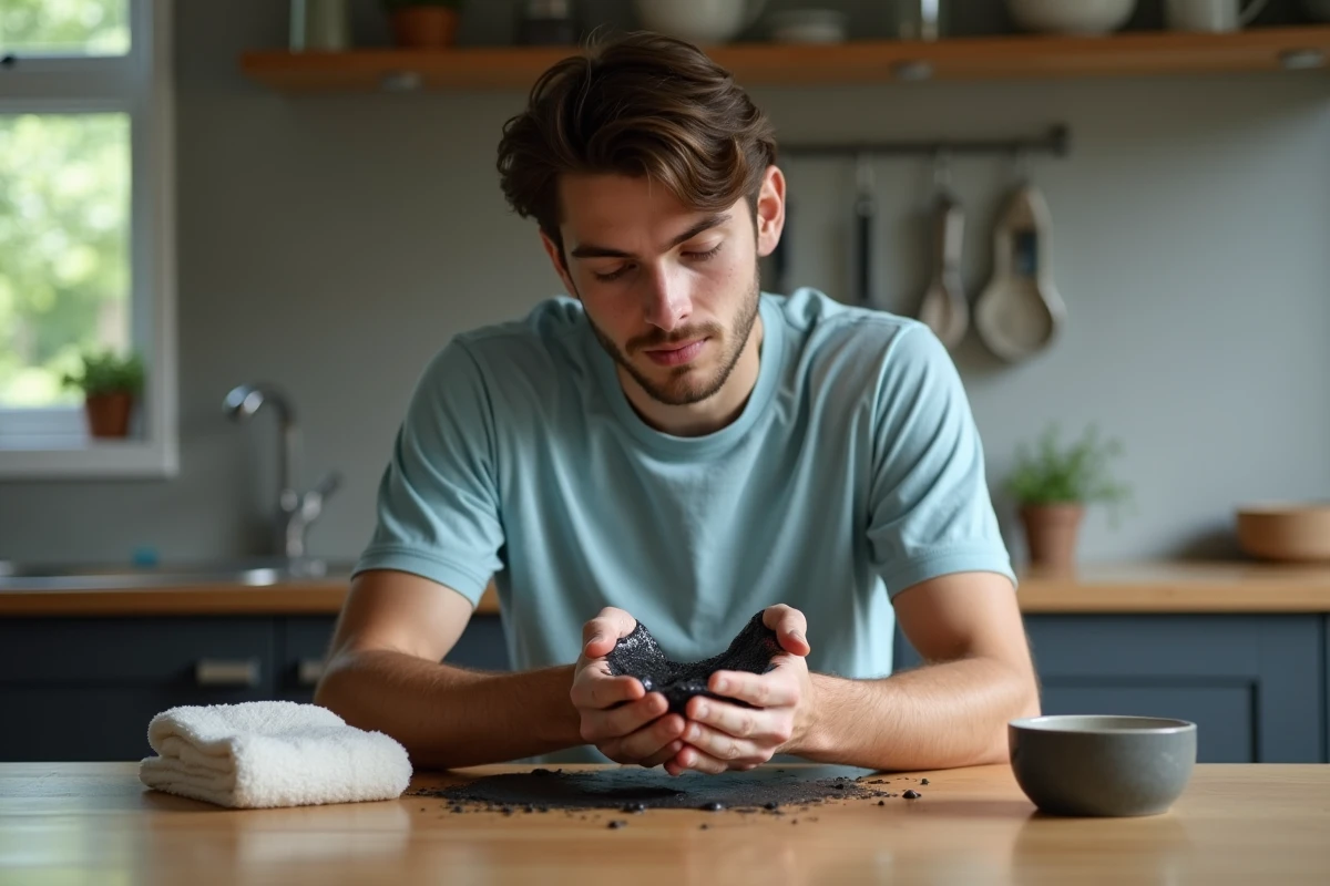 Jeune homme se lavant le visage dans une cuisine chaleureuse