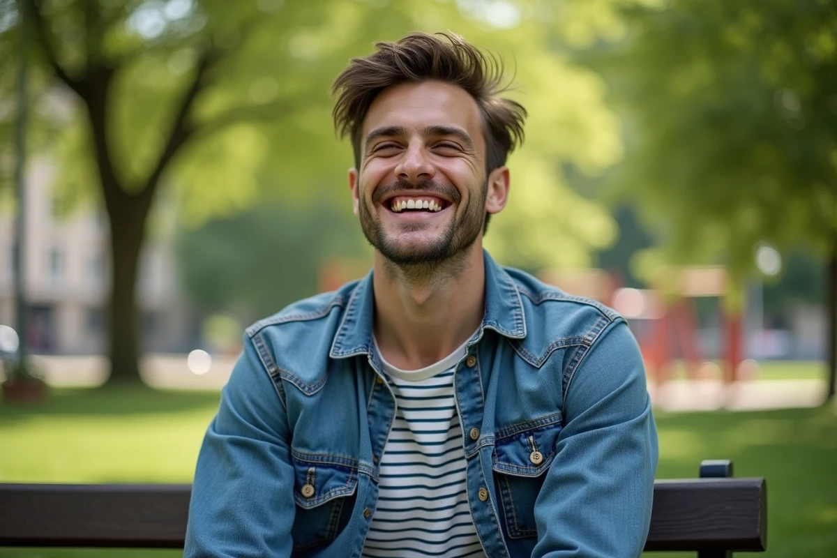 Jeune homme riant dans un parc urbain verdoyant