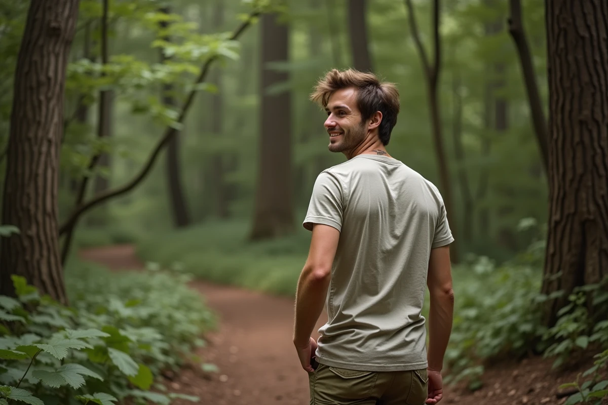 Jeune homme en randonnée avec tatouage tortue derrière l