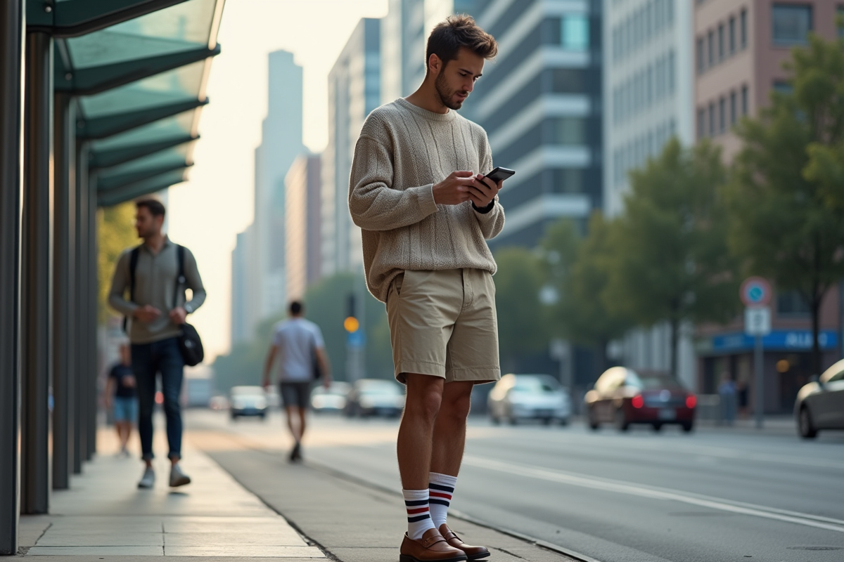 Jeune homme en vêtements urbains à un arrêt de tram