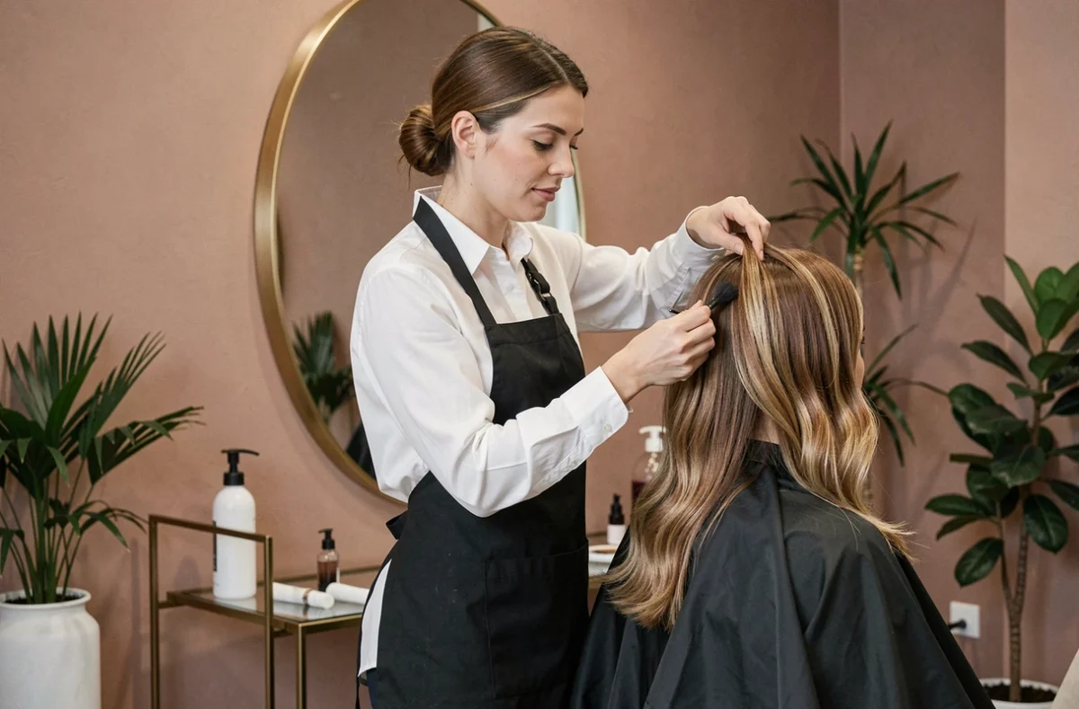 Coiffeuse Lucie Saint-Clair en train d'appliquer une coloration sur une cliente dans son salon boutique de Bordeaux