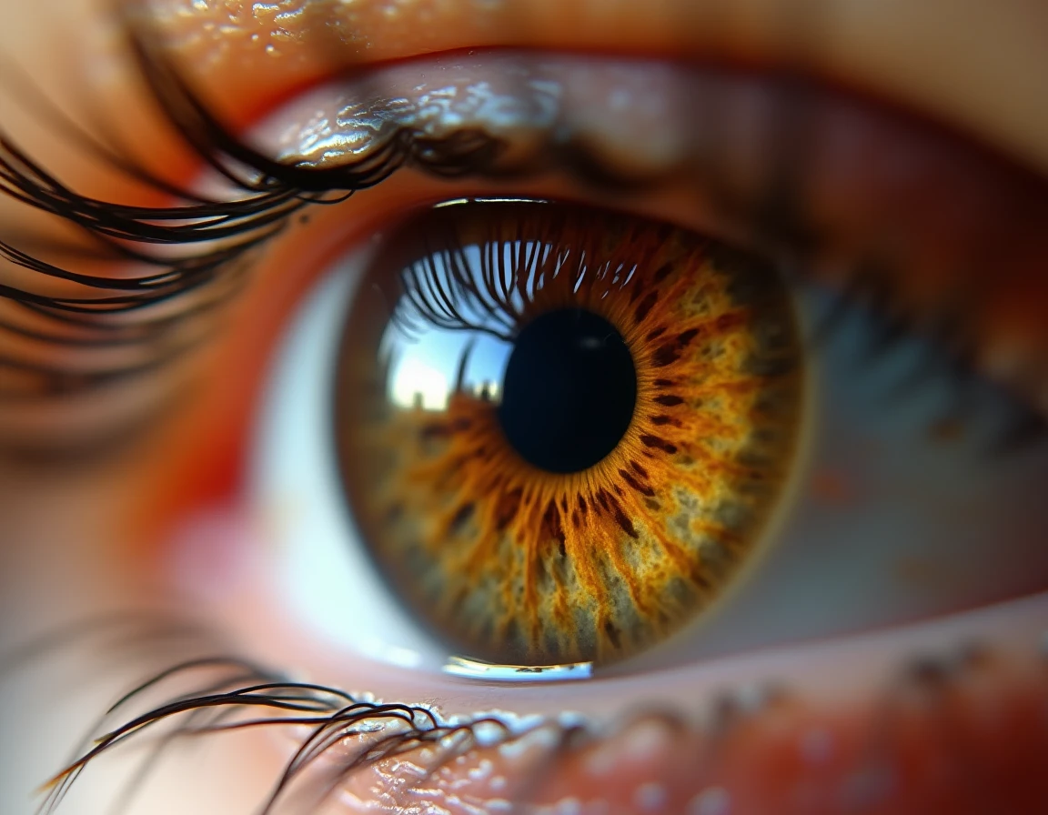 Macro photographique d'un œil aux nuances marron vert montrant la structure complexe de l'iris avec pigmentation hétérogène