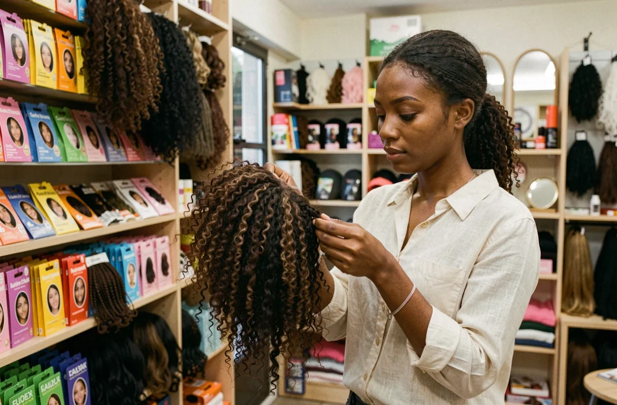 Jeune femme noire examinant des mèches afro dans un magasin de produits capillaires à Paris