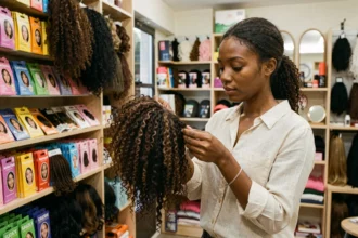 Jeune femme noire examinant des mèches afro dans un magasin de produits capillaires à Paris
