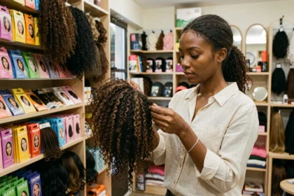 Jeune femme noire examinant des mèches afro dans un magasin de produits capillaires à Paris