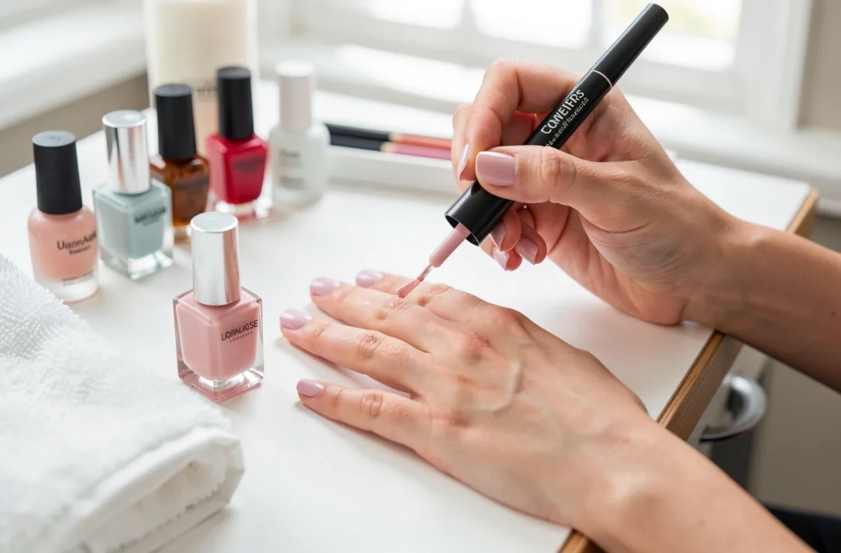 Mains en train d'appliquer un vernis lors d'un atelier ongles
