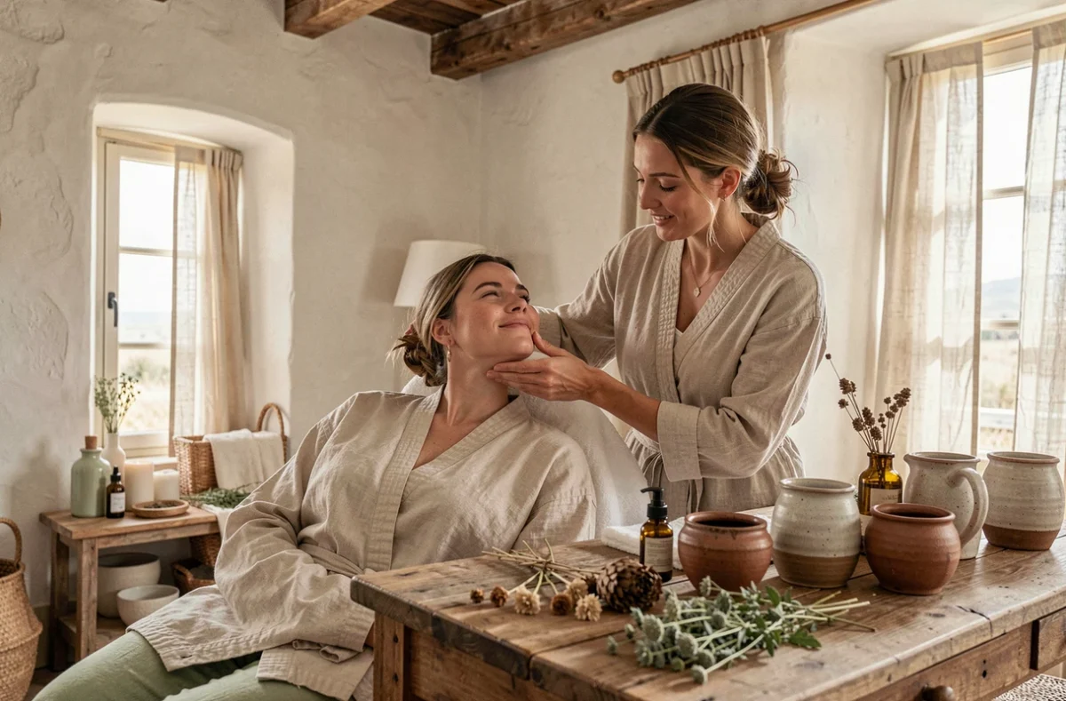 Soin du visage artisanal dans l'espace wellness de La Maison OBONO avec décor breton authentique en bois et lin