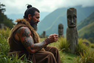 Homme maori avec tatouage traditionnel en pleine nature