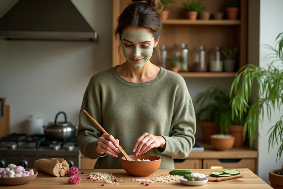 Femme préparant un masque visage naturel maison avec des ingrédients botaniques dans une cuisine rustique