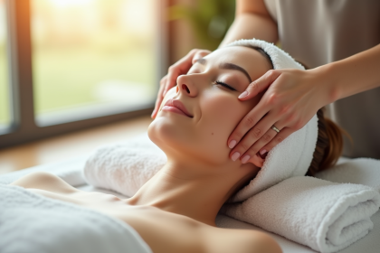 Séance de massage facial dans un spa moderne ambiance relaxante