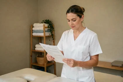 Masseuse professionnelle consultant un document légal dans son cabinet de massage, illustrant les obligations réglementaires du métier
