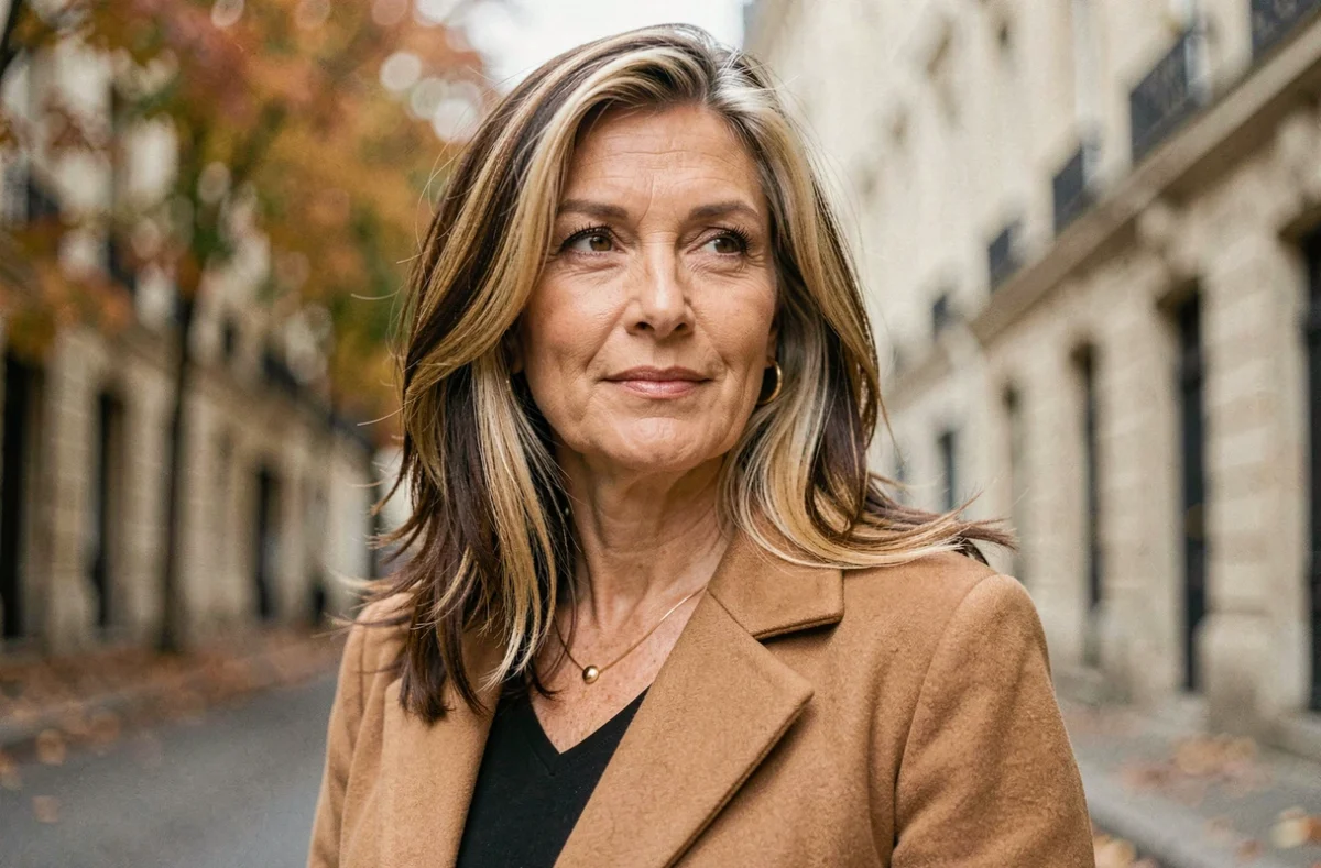 Femme élégante de 50 ans avec des mèches blondes et brunes encadrant le visage dans une rue parisienne en automne, look rajeunissant naturel