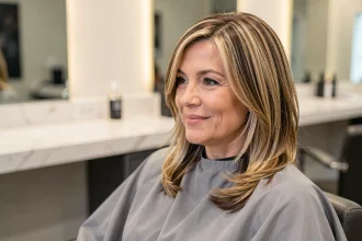 Femme de 45 ans avec une mèche blonde et brune balayage dans un salon de coiffure moderne, reflétant un effet rajeunissant naturel