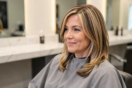 Femme de 45 ans avec une mèche blonde et brune balayage dans un salon de coiffure moderne, reflétant un effet rajeunissant naturel